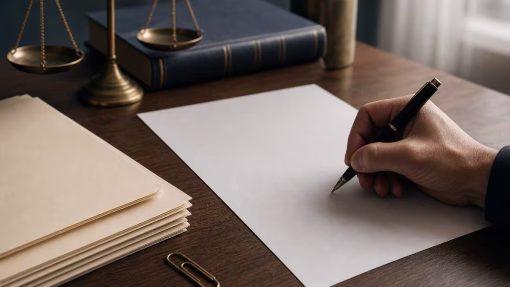 Sobrio bodegón editorial con carpetas y mano anónima para concepto de expediente administrativo